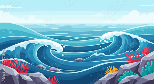Vibrant ocean waves crashing against the shore, featuring coral reefs and coastal rocks in a stunning seascape illustration style