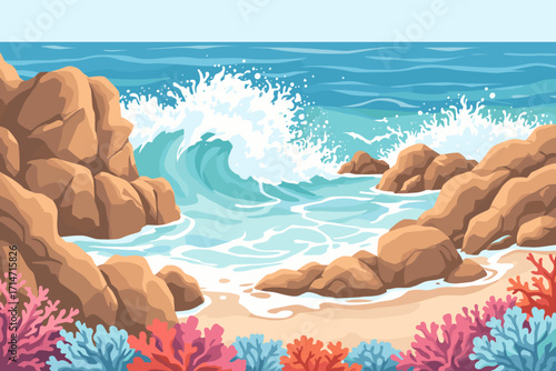 Stunning ocean waves crashing on rocky shore, vibrant coral reef, calm sea illustration, perfect for travel and summer vibes
