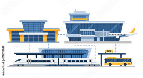 Modern transportation hub showcases train, airplane, and bus, promising seamless travel connections and convenient public transit options
