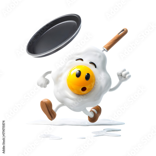 Funny cartoon fried egg character running away from a frying pan isolated on transparent background