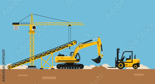 Vibrant construction site featuring crane, excavator and forklift, perfect for illustrating infrastructure development and industrial progress