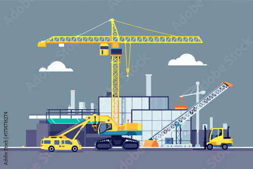 Dynamic construction site illustration showcasing cranes and building progress, ideal for infrastructure and urban development projects