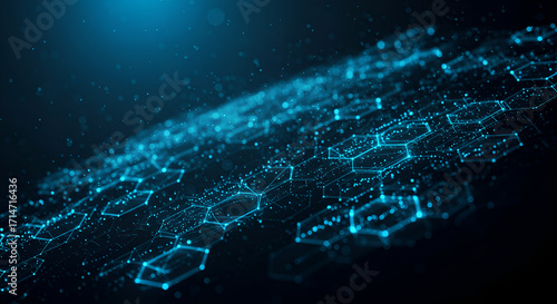 An abstract background depicting a glowing blue digital network with interconnected hexagonal shapes and scattered particles.