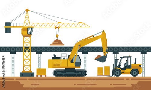 Construction site machinery in action crane excavator and forklift working together on industrial project for building infrastructure