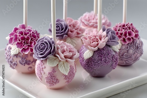 Wedding cake pops in shades of pink and purple, elegantly decorated with intricate sugar flowers and perfect for an elegant reception