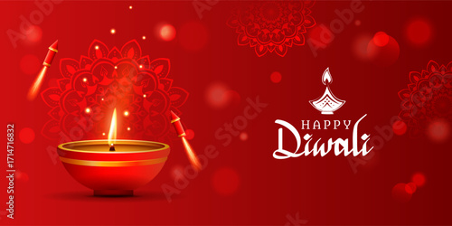 happy diwali festival red abstract background with red decorative diya oil lamp and crackers