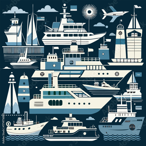 Vintage Nautical Illustration with Multiple Yachts, Sailboats, and Cruise Ships in Monochrome Style – Maritime Design Elements for Ocean, Travel, and Sea Adventure Themes