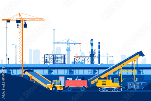 Dynamic construction site with crane and heavy equipment, modern industrial development for architecture and engineering projects