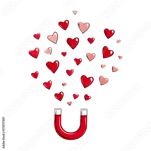 Red horseshoe magnet attracting a cloud of small red and pink hearts isolated on transparent background