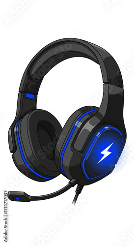 Blue glowing gaming headset with microphone on white background.