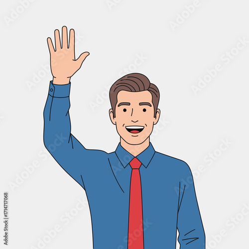 Smiling man in blue shirt and red tie waves hello.