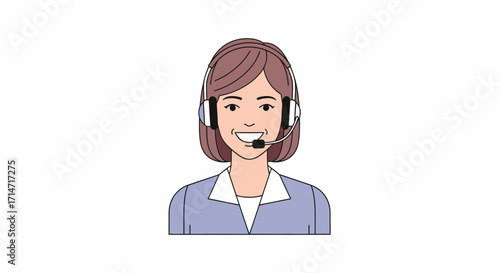 Woman wearing headset with microphone smiling on white background.
