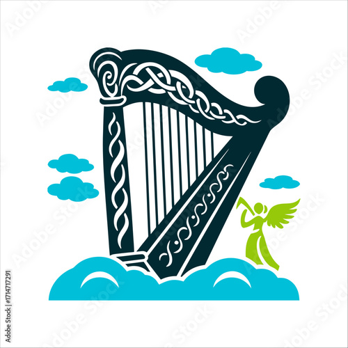 Celtic Harp with Angel in the Clouds Harp Dagdas Instrument A Celtic harp summoning magic through music