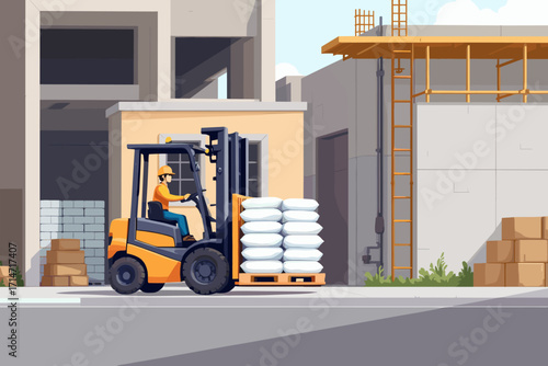 Forklift operator moving supplies at busy construction site, illustrating industrial logistics and building materials management solutions