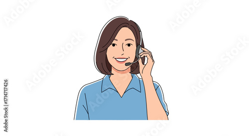 Woman wearing headset smiling against white background.