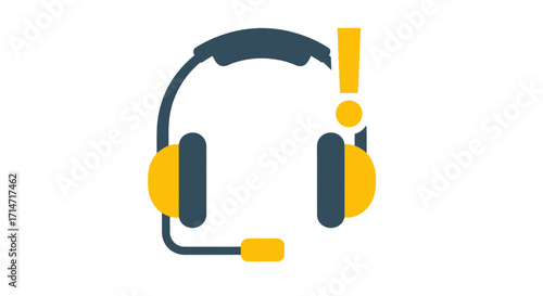 Headphones with microphone and exclamation mark icon.