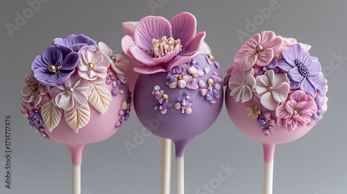 Wedding cake pops in shades of pink and purple, decorated with intricate sugar flowers, offering a cute and edible treat