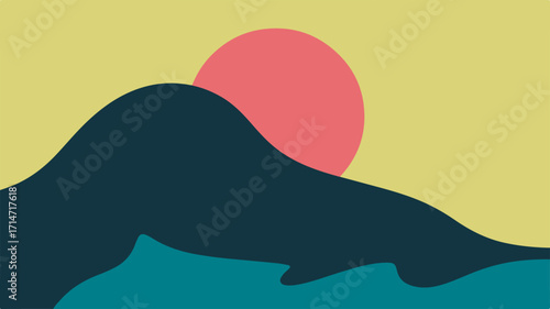 Abstract illustration of a sunrise over mountains and water, featuring a simplified design with a pink sun, blue mountains, and turquoise water