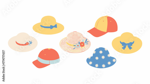 Charming collection of hand-drawn women's summer headwear. A cute vector illustration set of different hats like floppy sun hats and caps for vacation style