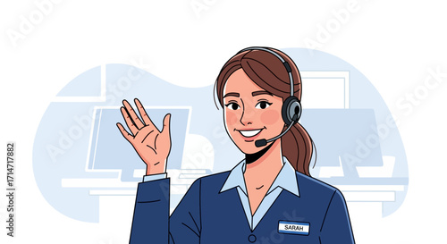 Woman with headset waves hello in office setting.