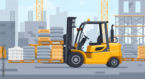 Efficient yellow forklift lifting heavy materials at construction site, ensuring productivity and safety for industrial development projects