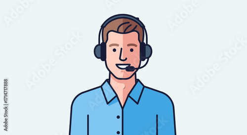 Man wearing headset smiling against light blue background.