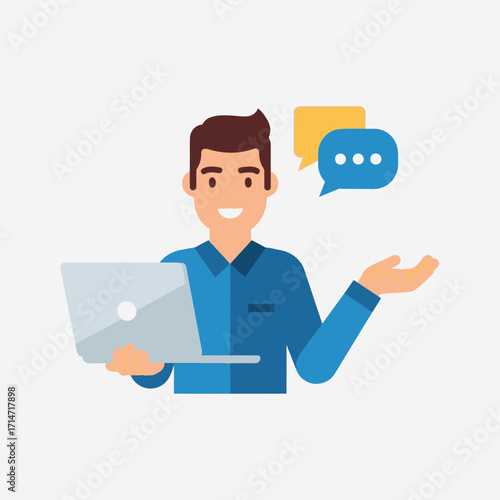 Man with laptop and speech bubbles communicating online.