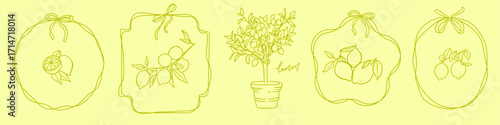 Set of lemon hand drawn linear sketch elements inside coquette bow ribbon wavy whimsical frames. Italian Amalfi, Sicily, Positano la Dolce Vita style. Minimalistic retro vector illustration.