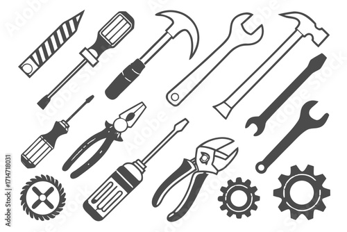 The repair tools collection illustration includes a hammer, wrench, screwdriver, saw, and pliers set as essential equipment icons