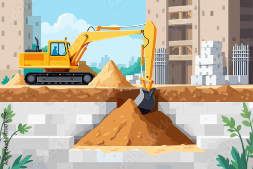 Powerful excavator digging foundation for modern building project, construction equipment in action, development and infrastructure growth concept