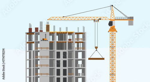 Dynamic construction site scene with crane lifting materials for modern building project, ideal for architecture and engineering themes