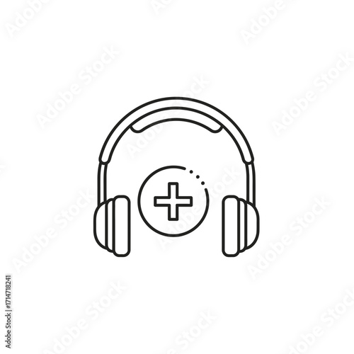 Line drawing of headphones with a plus symbol inside a circle.