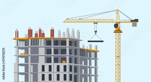 Construction crane lifting concrete slab at building site, symbolizing growth and progress in civil engineering and urban development