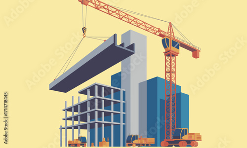 Dynamic construction site scene with crane lifting beam for vibrant modern building project, urban development illustration, new city skyline