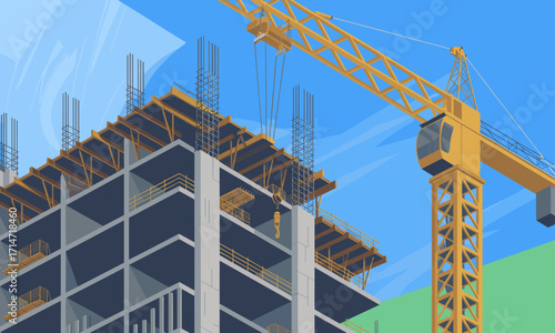 High-rise construction site with crane signifies urban development and economic growth, a symbol of progress and modern architecture