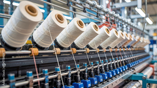 Close up of many spools of white thread on a textile machine in a textile factory for clothing production textile