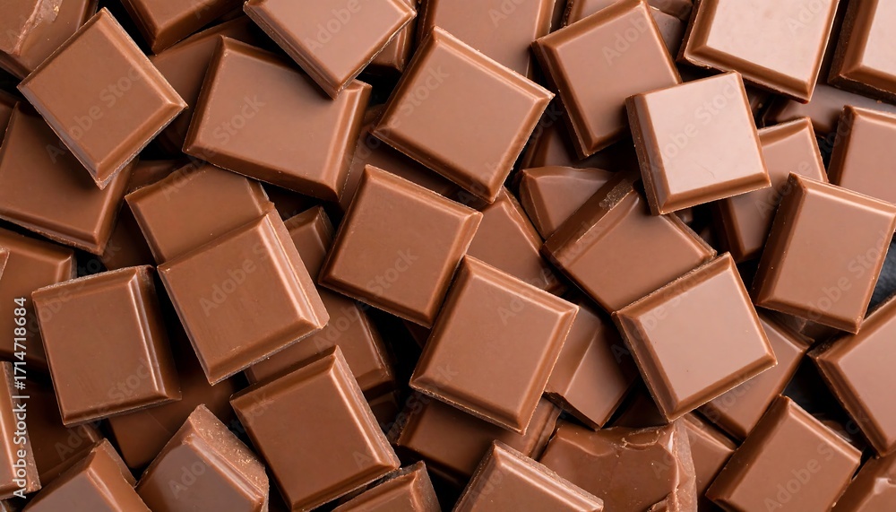 Fototapeta premium Milk chocolate chunks background, top view of many chocolate blocks