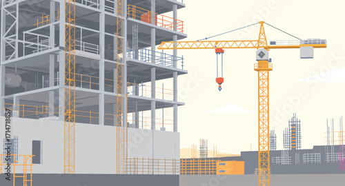 Modern construction site with crane building urban high rise, perfect for architecture firms or real estate developments, new buildings