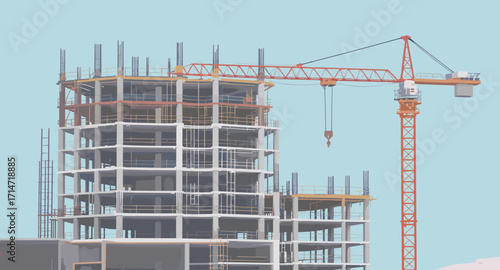 Modern building under construction with crane symbolizes growth and progress in urban development project, architectural engineering