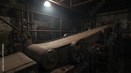 Old conveyor belt in a dark industrial setting with a single light source.
