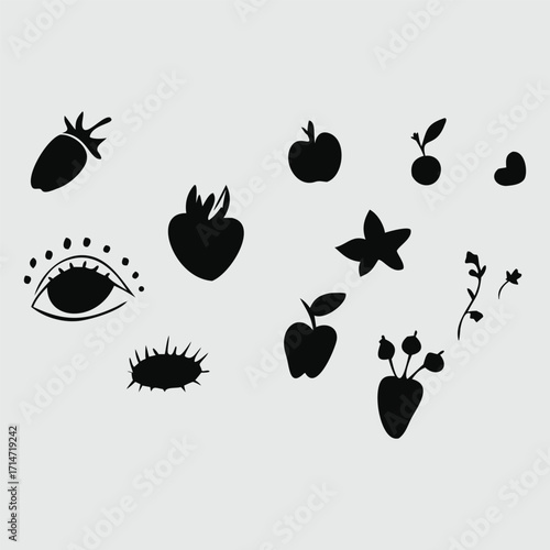 Hand Drawn Doodle Silhouette Icons Fruit Eye Flower Heart