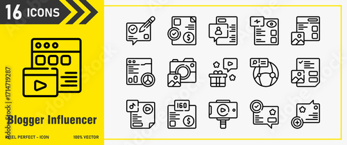 Blogger Influencer icon set. Editable Stroke Icon Collection. advertising, content, writing, add chat, edit message. Outline icons, icon interface, icon pack, vector collection.