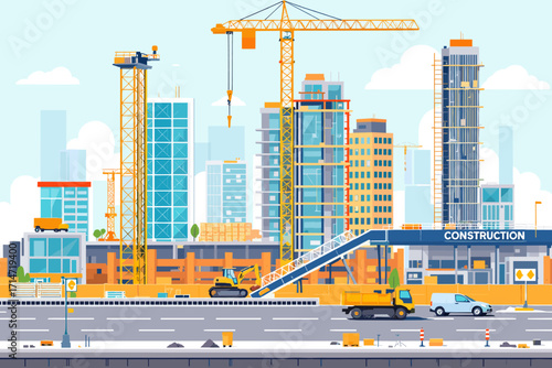 Dynamic construction site scene showcasing city skyline development, cranes, and modern architecture projects in vibrant urban landscape