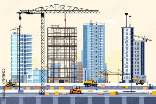 Dynamic construction site with cranes building a modern cityscape, conveying progress and development with vibrant, engaging visuals
