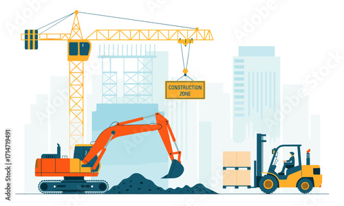 Vibrant construction site featuring heavy equipment like a crane, excavator, and forklift in front of a cityscape backdrop
