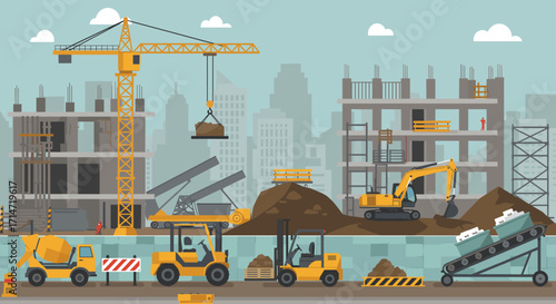 Dynamic construction site scene with heavy machinery and cityscape, ideal for urban development and infrastructure projects. Great for engineering firms
