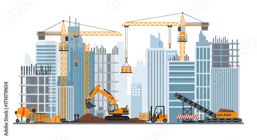 Vibrant construction site illustration with cranes, excavator, and buildings, ideal for city planning and urban development projects