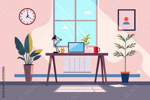 Stylish home office setup featuring a modern desk, laptop, indoor plants, and natural sunlight streaming through the window, creating a vibrant workspace