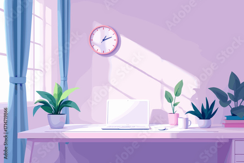 Stylish pastel workspace with laptop, plants, and natural light creates a calm, productive atmosphere perfect for focus and creativity
