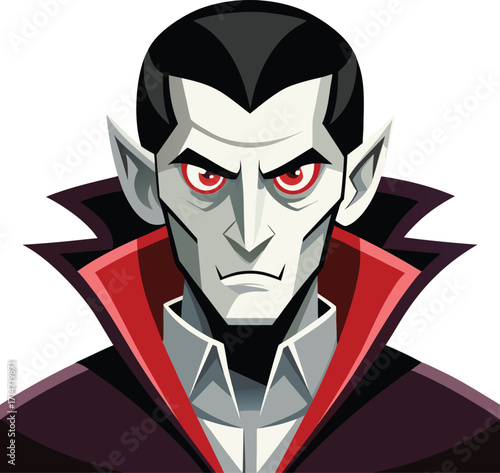 Stylized Vampire Portrait with Red Eyes and Black Cape